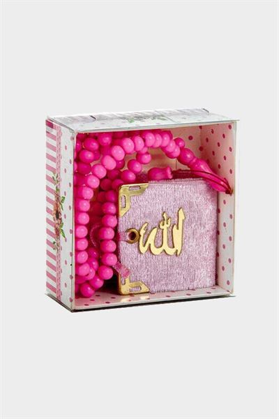 Siyah PEMBE KADİFE KAPLI MİNİ KURAN KUTULU - TESBİHLİ